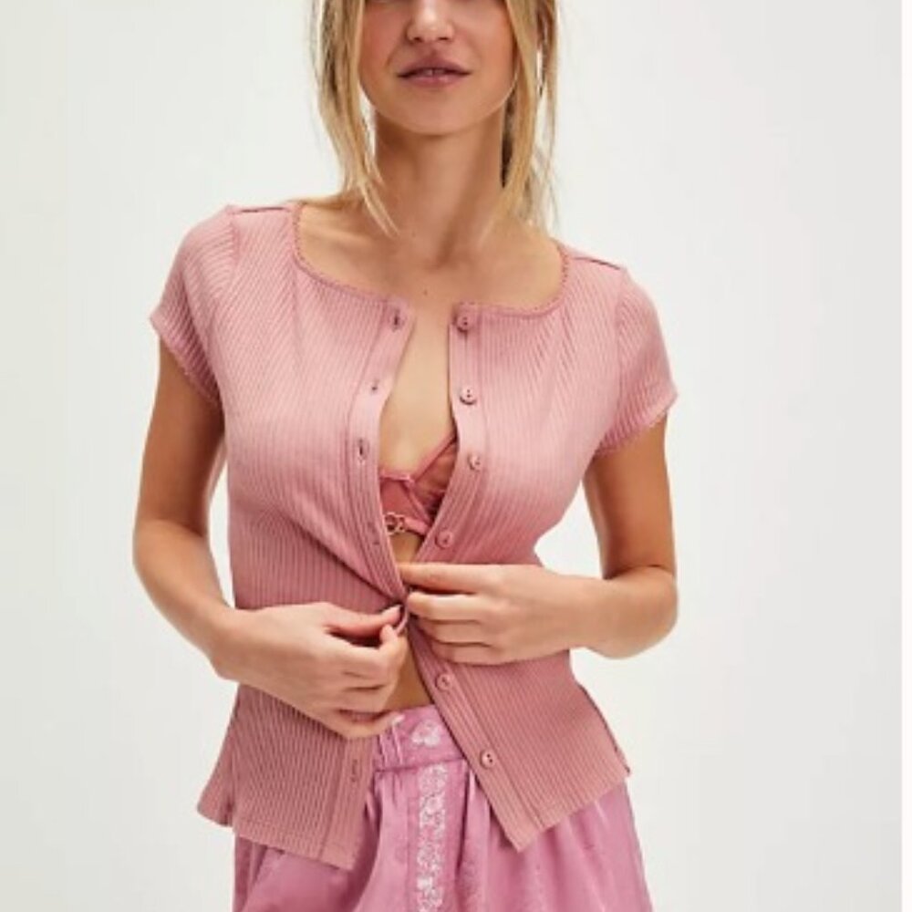 Free People “Most Wanted” Cardi • Short Sleeve Cropped Cardigan • Color Pink